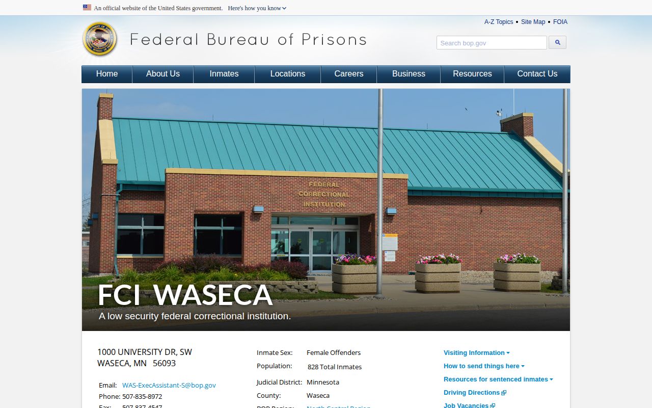 Federal Correctional Institution Waseca federal release information