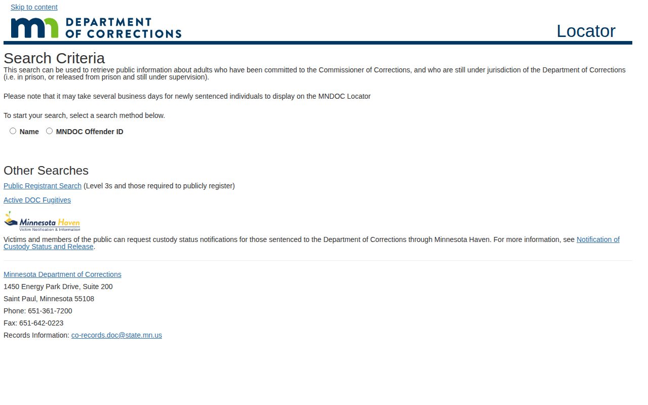 Minnesota Department of Corrections Public Viewer search screen