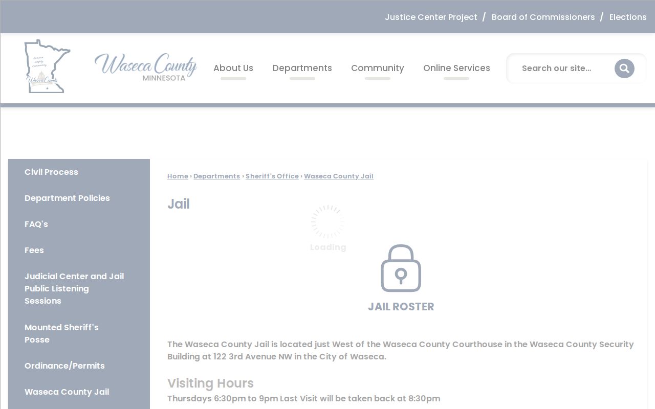 Official Waseca County Jail page with access to the current roster